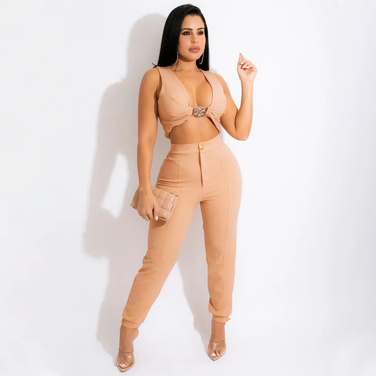 Casual 2 Piece Set Women Concise V-Neck Crop Tank Tops And Waist Pants Matching 2024 Summer TracKsuit