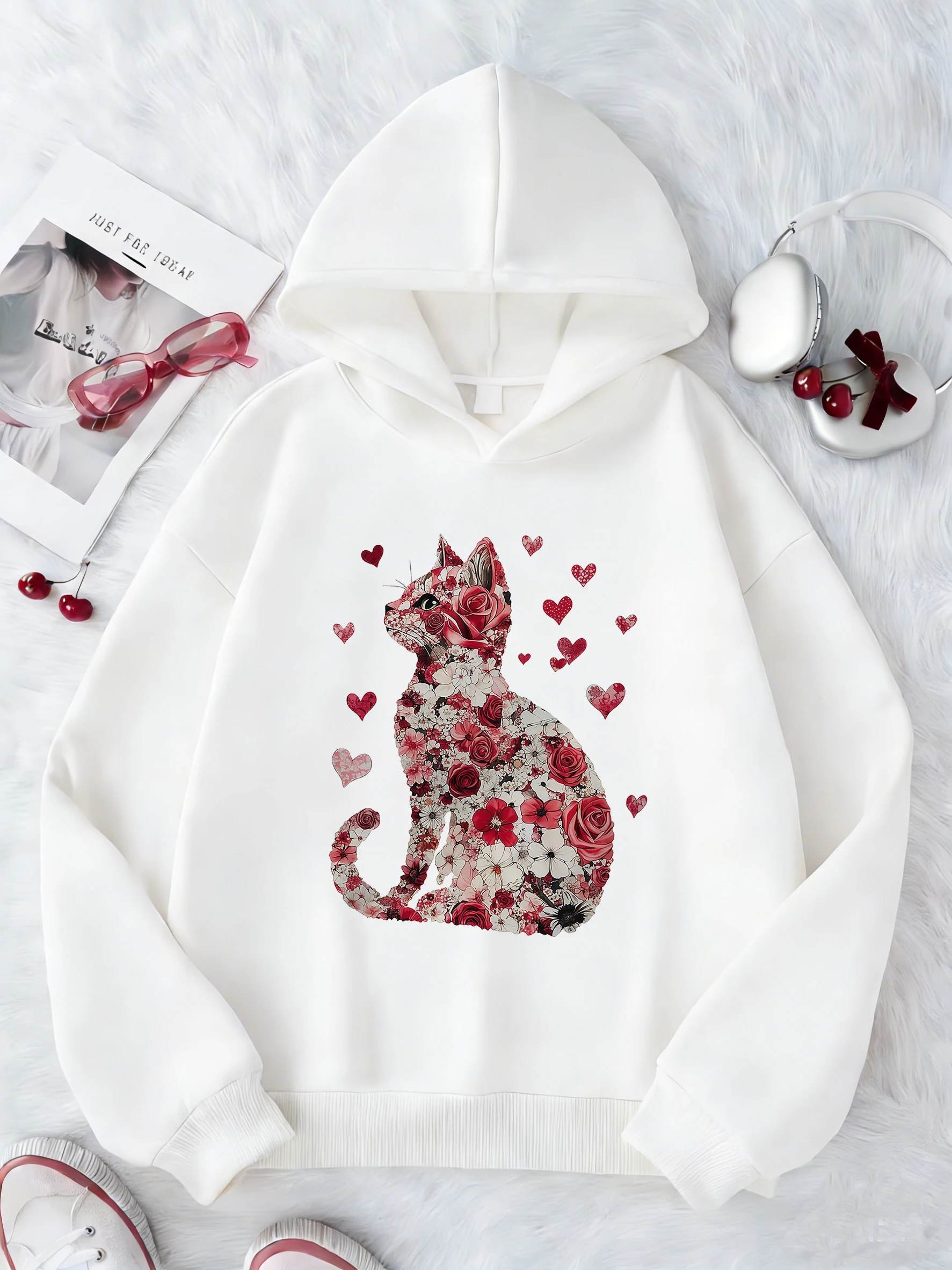 Lover Cat mit Blumenmuster, Kapuzen-Sweatshirt für Kinder, süßer Kapuzenpullover für Jungen und Mädchen, Herbst-Winter, lässige Kapuzenpullover