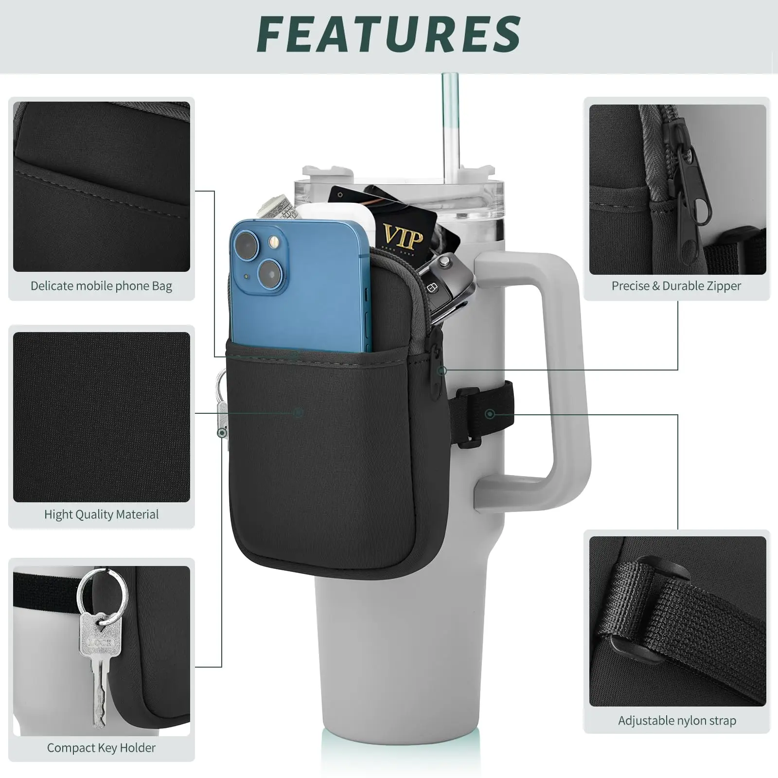 Handle Tumbler Side Storage Bag Portable Neoprene Wallet Pouch for Phone Cards Keys Gym Hiking Bottle Accessory