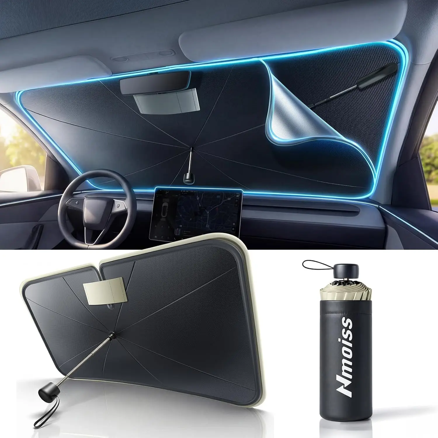 Dual Layer Windshield Sun Shade Umbrella - Blocks 99% UV, Keeps Car Cool & Protects Interior