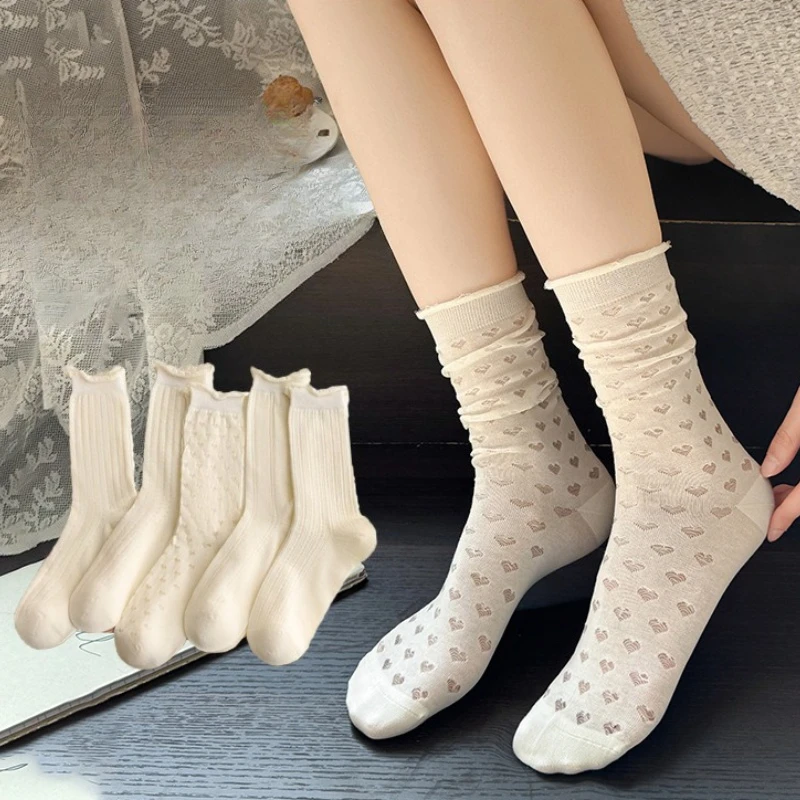 5 Paar weiße Socken für Damen im Sommer, dünne, atmungsaktive, schweißabsorbierende Mid-Tube-Socken aus Mesh, vielseitige, einfache Freizeitsocken