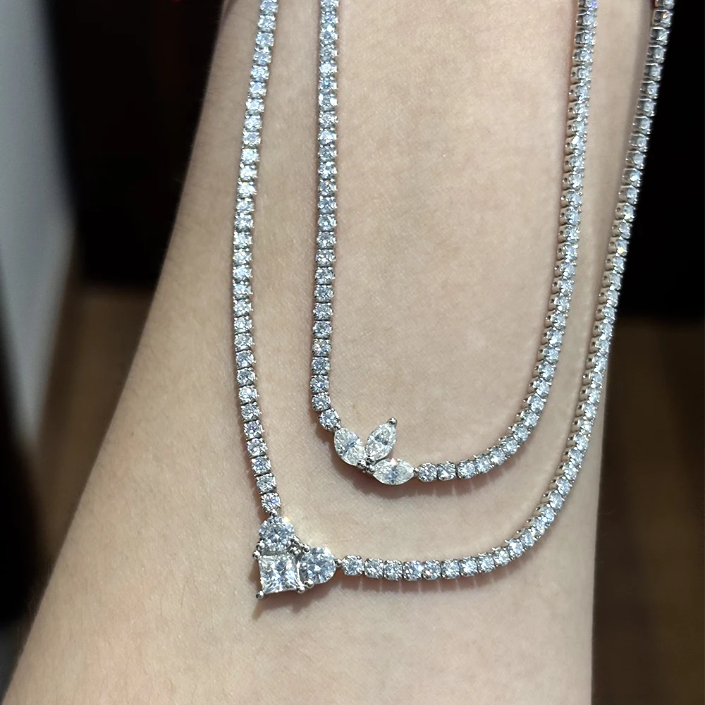 BXINY Luxury Moissanite Choker Tennis Necklace Pure S925 Silver Leaf & Heart Shape Diamond Chain for Women Wedding Gifts Jewelry