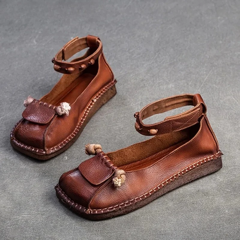 

Летние удобные женские лоферы из натуральной кожи в этническом стиле, мягкие женские туфли на плоской подошве, эластичные повседневные швейные туфли с квадратным носком