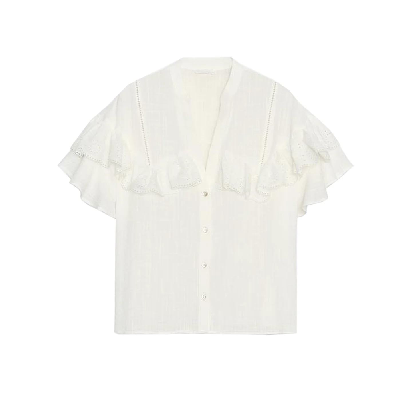 

Summer New Women's Casual Sle irt V-ne Hollow out Embroidery ort Sve Layered Decoration Simple Design 97060