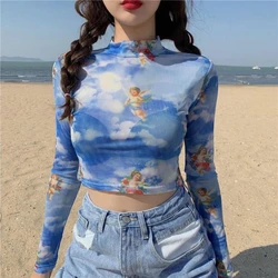 New Angel Print Sheer Blue Black Mesh Long Sleeve Blouse Shirts Women Summer Autumn Pullovers Elegant Sexy See Through Tops