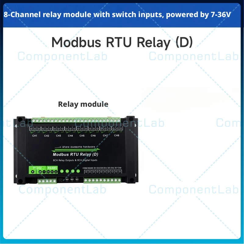 Industrial Modbus RTU 8 Channel RS485 Relay Module Switch Input 7-36V Power Supply