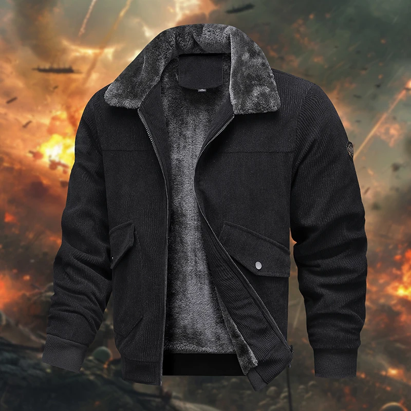 

Men's Military Corduroy Jacket - Fleece Lined, Fur Collar & Durable Fabric, Versatile for Urban Commute & Outdoor Exploration