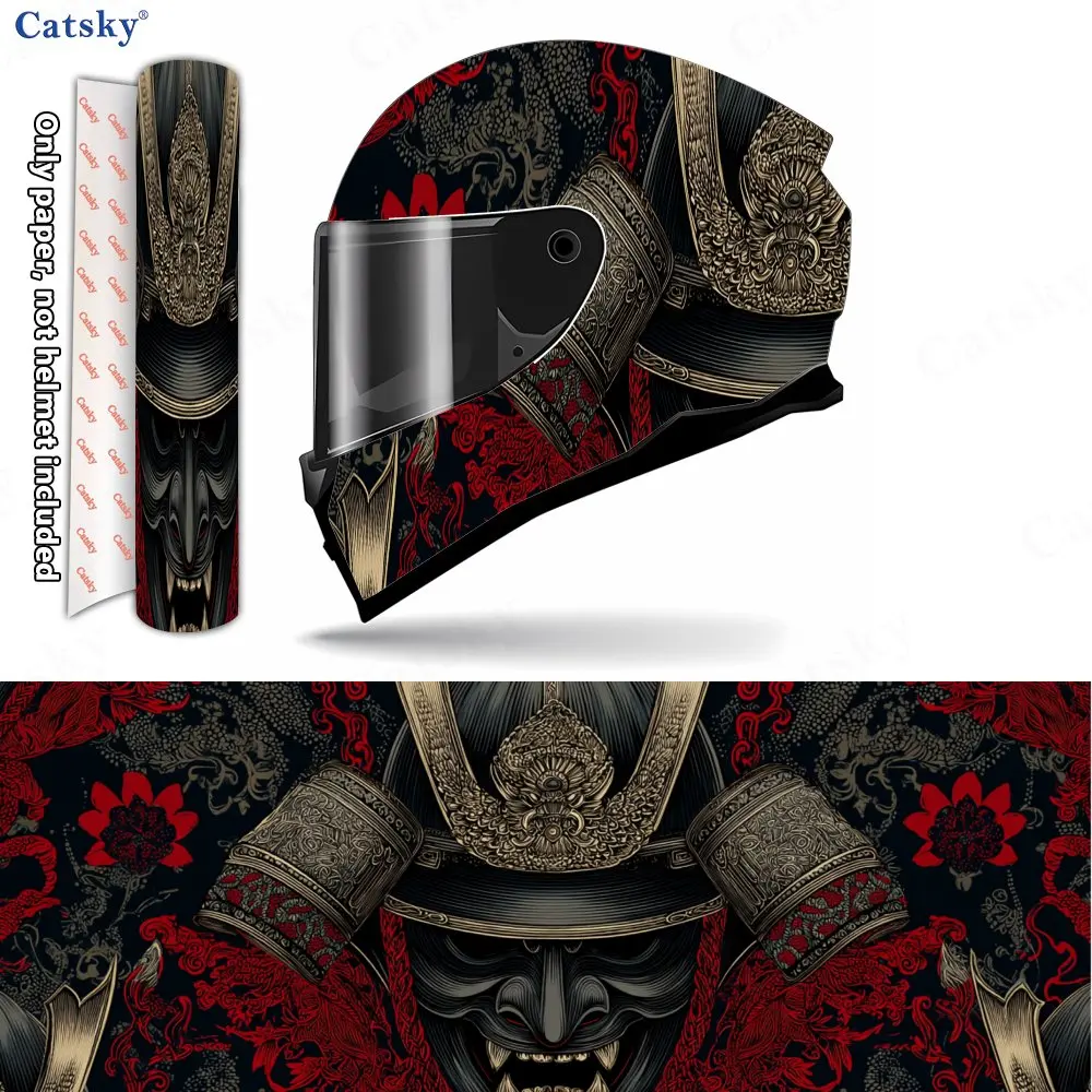 Samurai Mask Red Black Japanese Helmet Vinyl Wraps, Waterproof Scratch-Resistant Full Face Helmet Decals, Durable PVC Artistic D