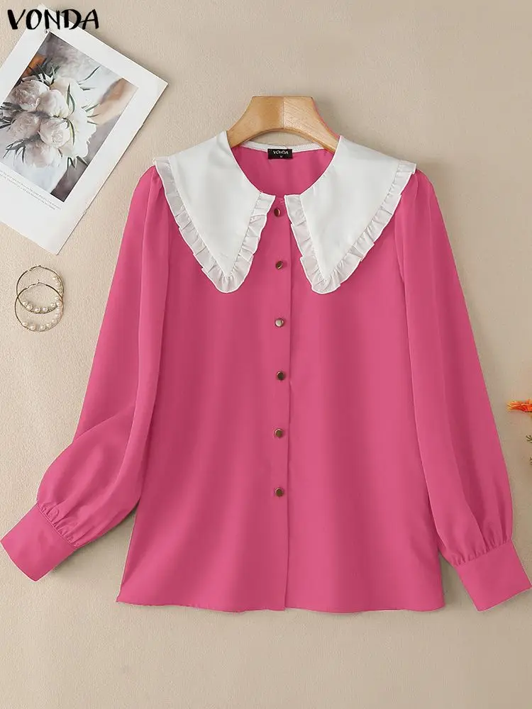 

2025 VONDA Women's Fashion Shirts Peter Pan Collar Long Sleeve Tunic Tops Spring Autumn Elegant Office Lady Blouse Streetwear