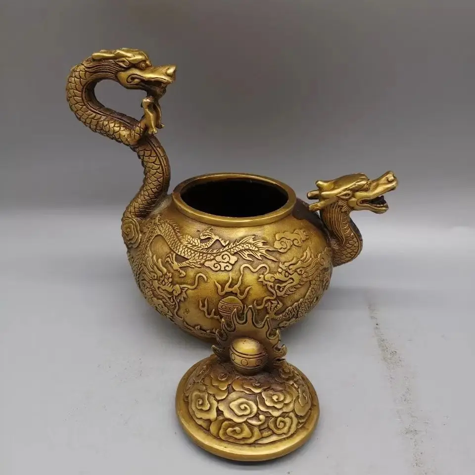 Antique bronze collection dragon pot teapot kettle wrapped pulp embellish home tea ceremony handicraft ornaments