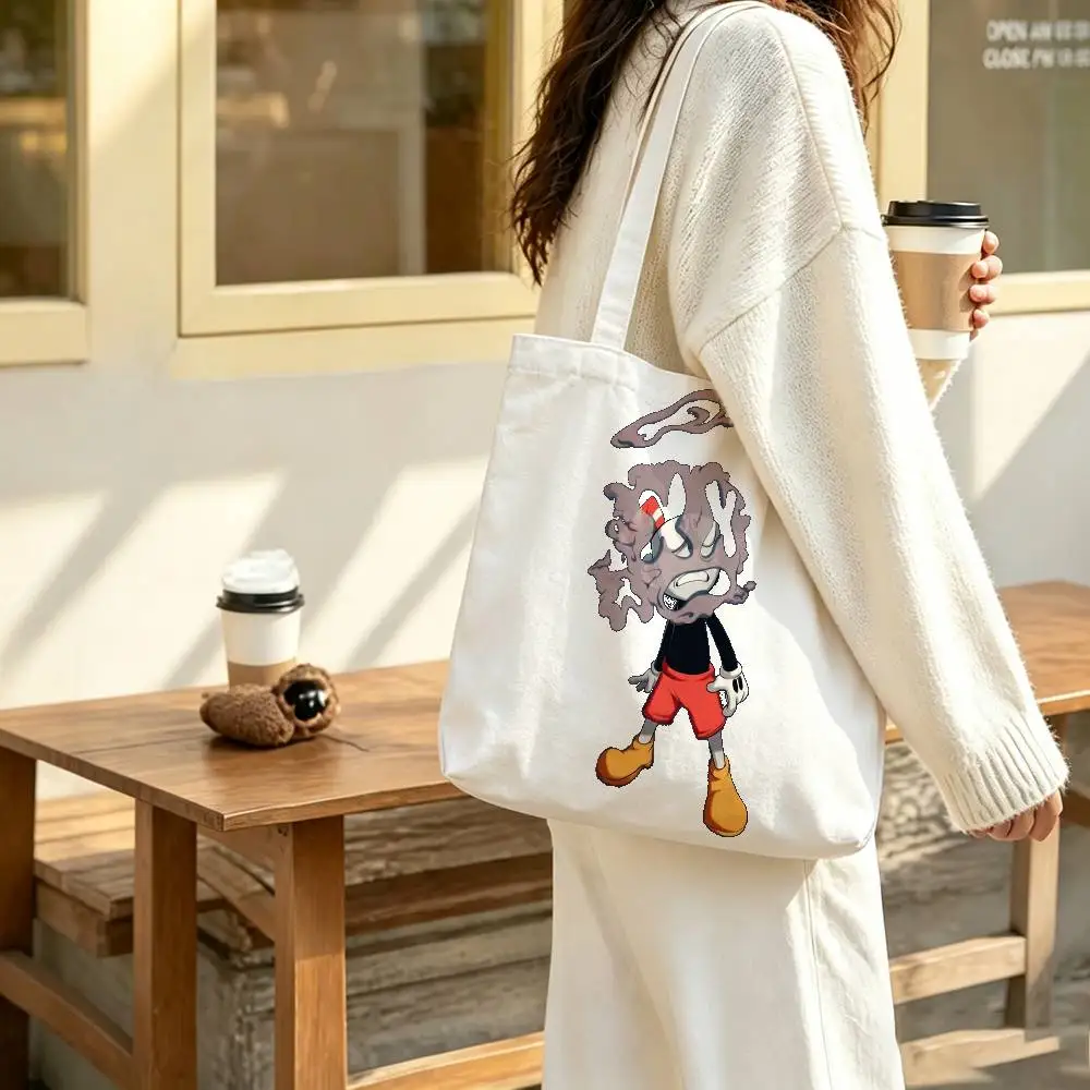 P-Popular C-Cuphead Game Print Canvas Tote Bag Handbag For Daily School Commute Casual Shoulder Bag