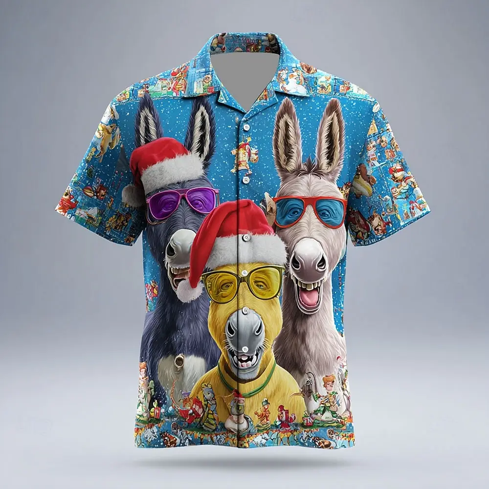 مضحك عيد الميلاد حمار الرسم الرجال قميص مهرجان عطلة عارضة قصيرة الأكمام قميص أزياء فضفاضة زر التلبيب أعلى مريحة #5