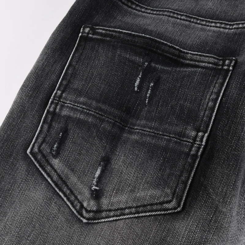 

Designer Fashion New Men's Jeans Perforated Black Leather Patch Washed Nostalgic Black Jeans High Street Hip Hop Brand Pants