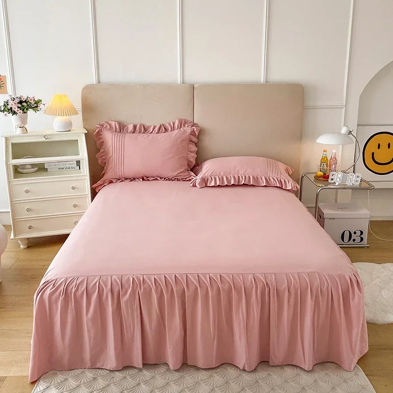 Korean Solid Color Bed Skirt, Washed Brocade Cotton Wrap Around Bedskirt, 3 Side Coverage Dust Ruffle Sheet With 2 Pillowcases