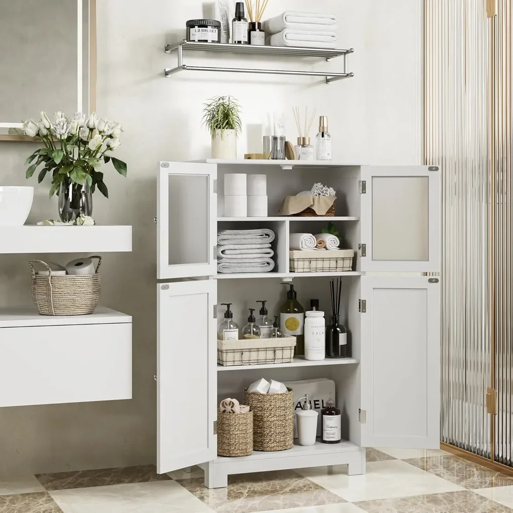 

Bathroom Cabinet, Storage Cabinet with Adjustable Shelves & Glass Doors, Freestanding Floor Cabinet Cupboard , White