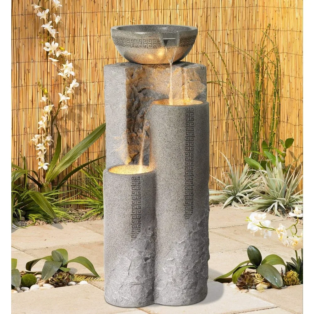 

Bowl and Pillar 34 1/2" High Large Modern Zen Outdoor Decor Faux Stone Floor Fountain with Light LED Standing Waterfall Tiered W