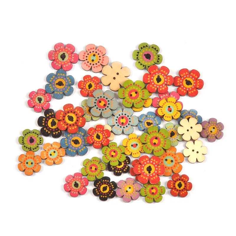 50Pcs 20/25mm Mixed Flower Printed Flatback Wooden Button For Sewing Accessories Scrapbook Craft DIY Clothes Decor Home Supplies