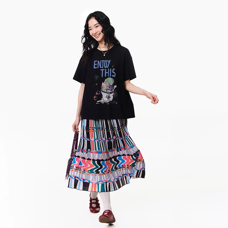 

Футболка MOVEUP с короткими рукавами и круглым вырезом, летняя новинка 2026 года, свободный вязаный топ с мультяшным принтом кошки и надписями для женщин 3ELX10507