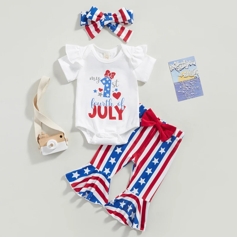 

2023-04-06 Lioraitiin 0-18M Baby Girls 3Pcs Summer Outfit Sets White Short Sleeve Letter Print Romper Stars Striped Flared Pants