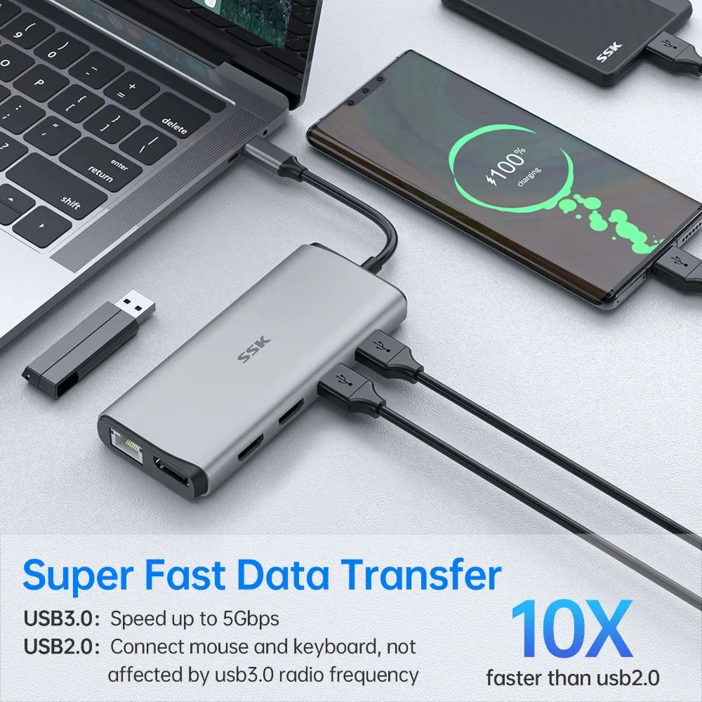 SSK Type-c 11-IN-1 USB C Док-станция DP Четырехэкранный преобразователь 4K60 Гц USB-C в HDMI для Huawei и Apple USB-адаптер