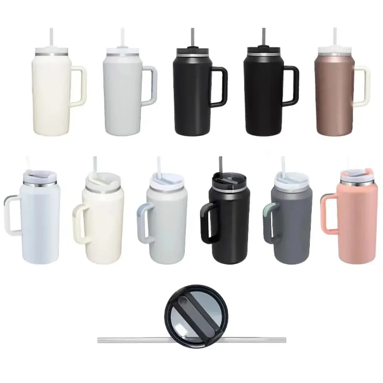 New 64OZ Handle Cup Double-layer Thermos Cup 304 Handle Car Water Cup with Straw for Hot and Cold Drinks, Camping and Sports