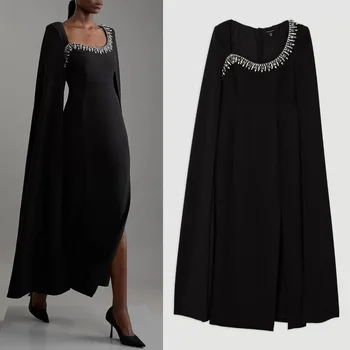 Abiti midi con scollo quadrato dritto e pieghe con strass in jersey formale squisito personalizzato Abiti da cerimonia su misura St moderno