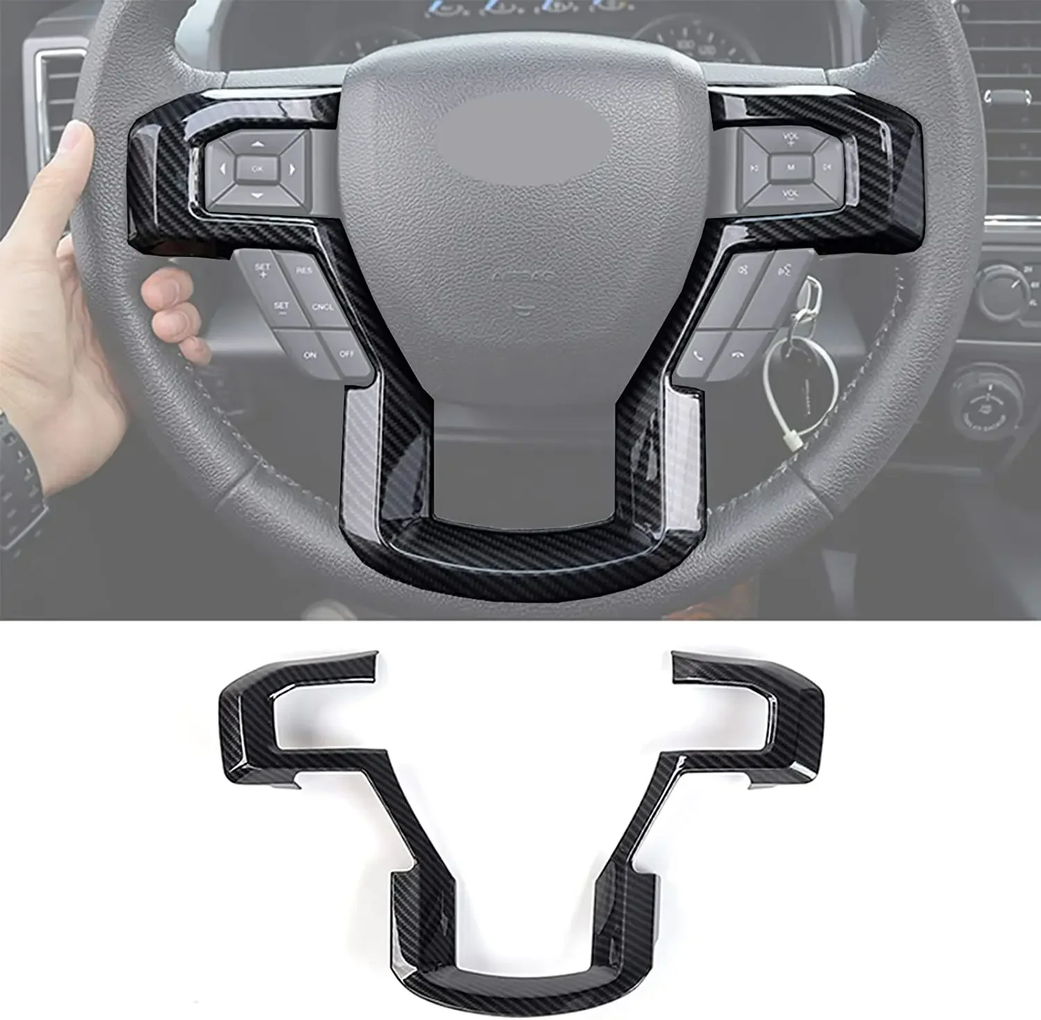 Black+ Carbon Steering Wheel Cover Trim Sticker Decoration For Ford F150 2015-2019 Car Interior Accessory