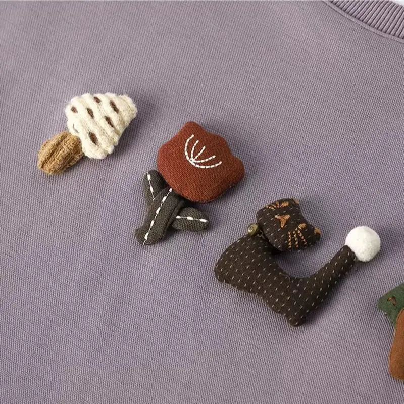 Cartoon Mushroom Kitten Embroidered Round Neck Hoodie Women's Loose Purple Top Korean Style Fashion Spring Autumn Hoodie New