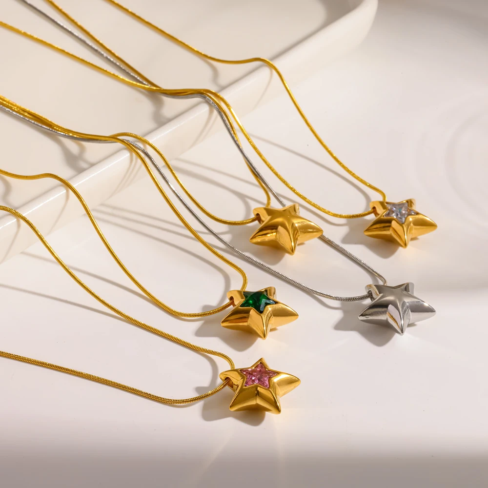 Damen-Halskette mit Pentagramm-Zirkon-Anhänger aus 316L Edelstahl, schlichtes Design, wasserdicht, Schmuckgeschenk – Detail 3