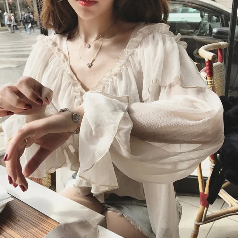 V-neck Sexy Shirts Women See Through Boho Mesh Blouse Summer Ruffle Flare Sleeve Elegant Peplum Tops Ruffles Ladies Blusas 13459