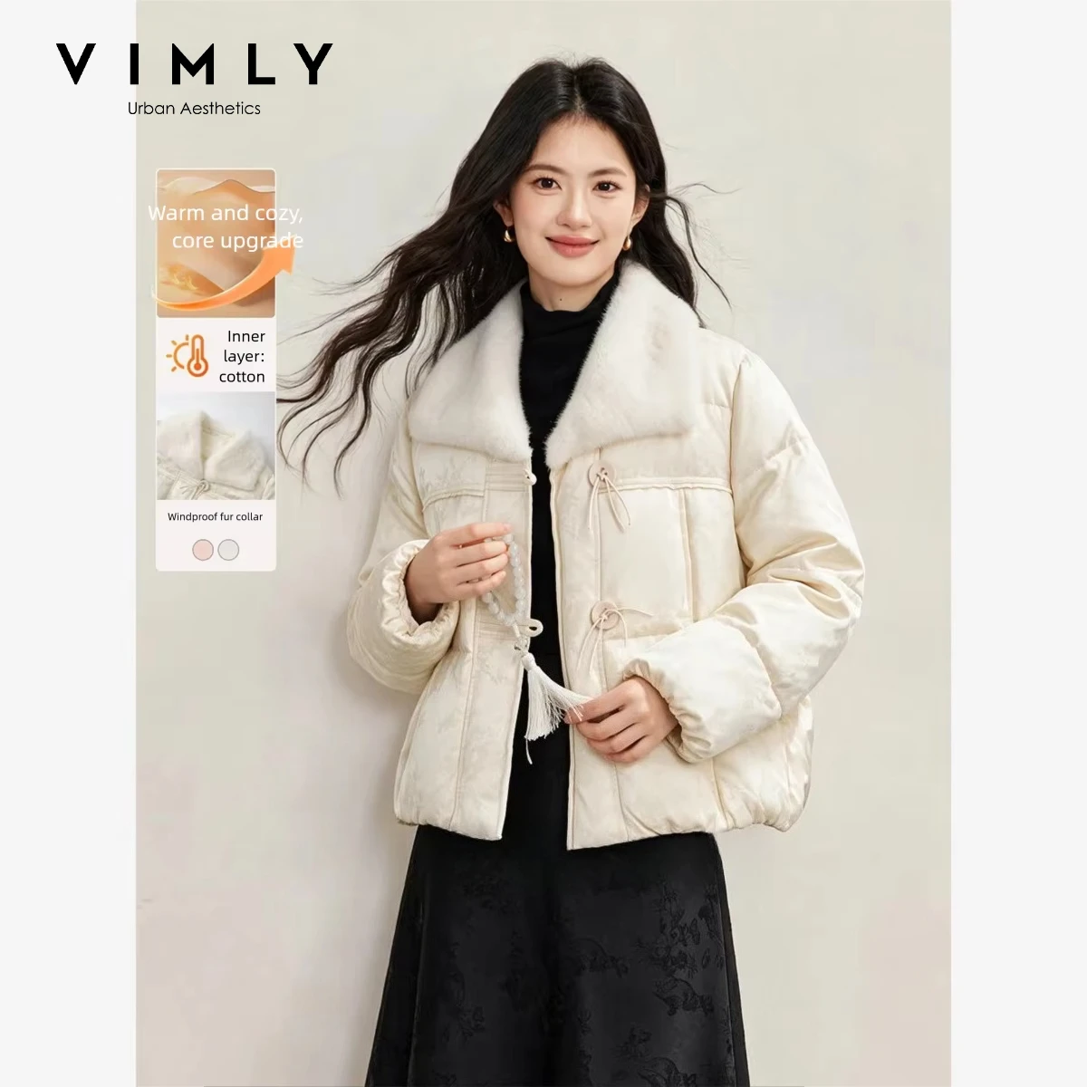 VIMLY Apricot Furry Collar Puffer Coat Women Winter New Chinese Style Elegant Frog Button Jacquard Short Jacket Female 32015