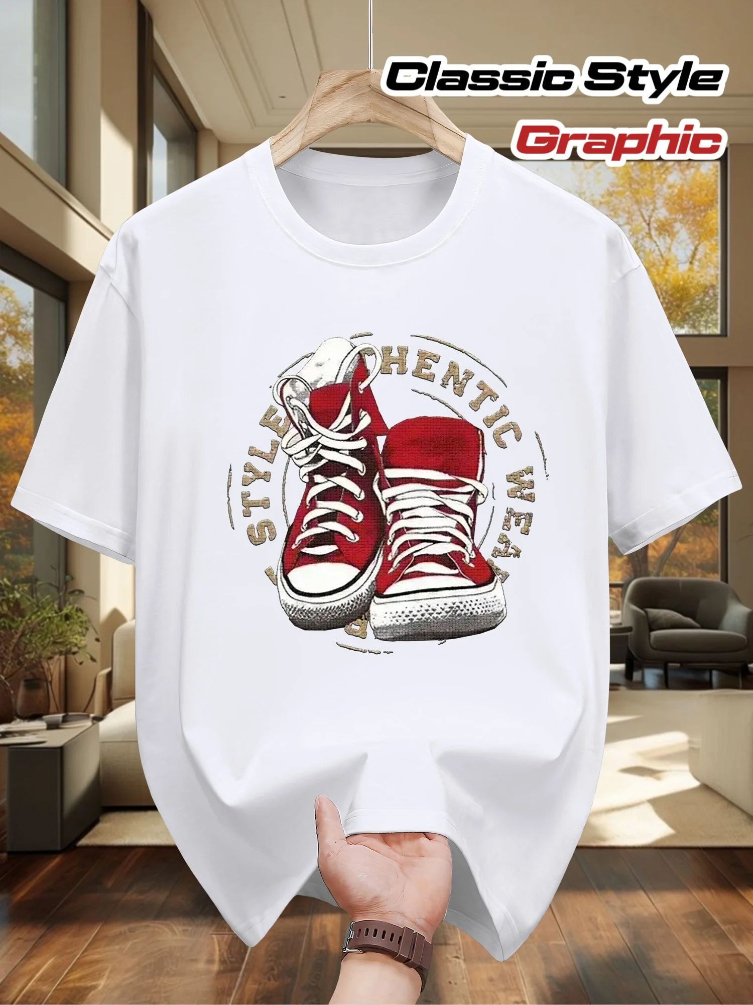 Men's T-Shirt - Black with Red & White Sneaker Graphic - Breathable Summer Tee for Everyday & Formal Wear - Classic Round Neck