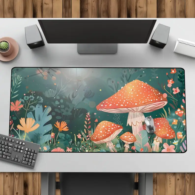 

Mushroom pattern green plant mouse pad rubber anti-slip washable computer mechanical keyboard high-definition printing