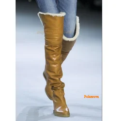 Winter Furry Boots for Women,Round Toe Wedge Over The Knee Boots Vintage Leather High Heel Boots 2023 New Zapatos Para Mujere