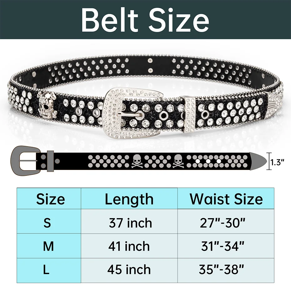 Maikun Women\'s Skull Rhinestone Belt Men\'s European and American Style Pin Buckle Belt Cowboy Style