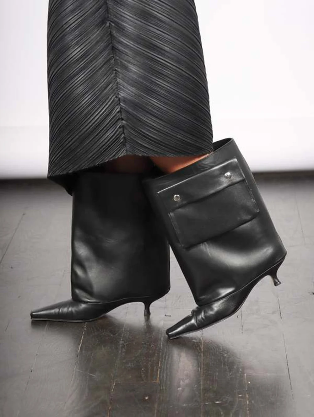 Minimalist Style Black Faux Leather Ankle Boots Square Pointed Toe Stiletto Heel Side Pocket Design Tall Boots For Daily Wear