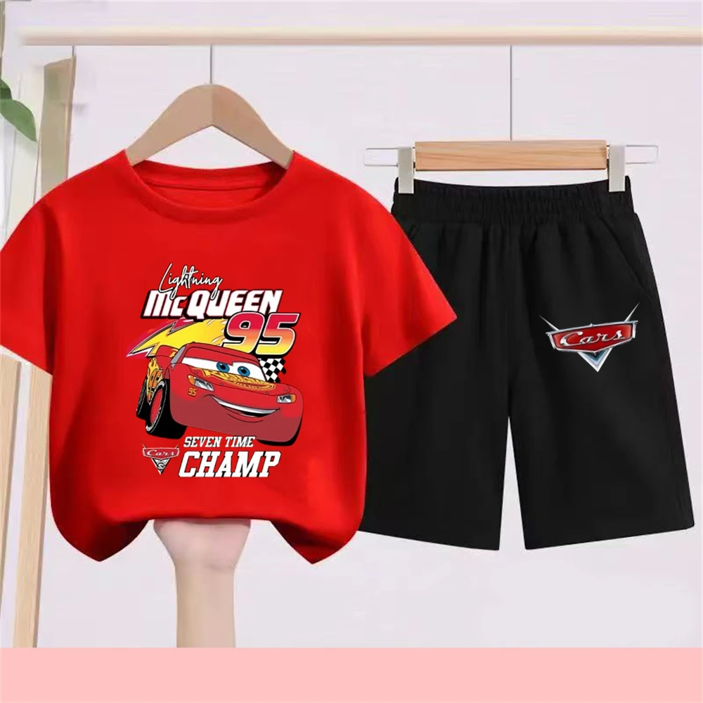 

Disney Car Girls red Tee Set Kid Top Age 3-12 Boy black Children T-shirts+Shorts 2pcs cartoon Print Summer fashion Clothes