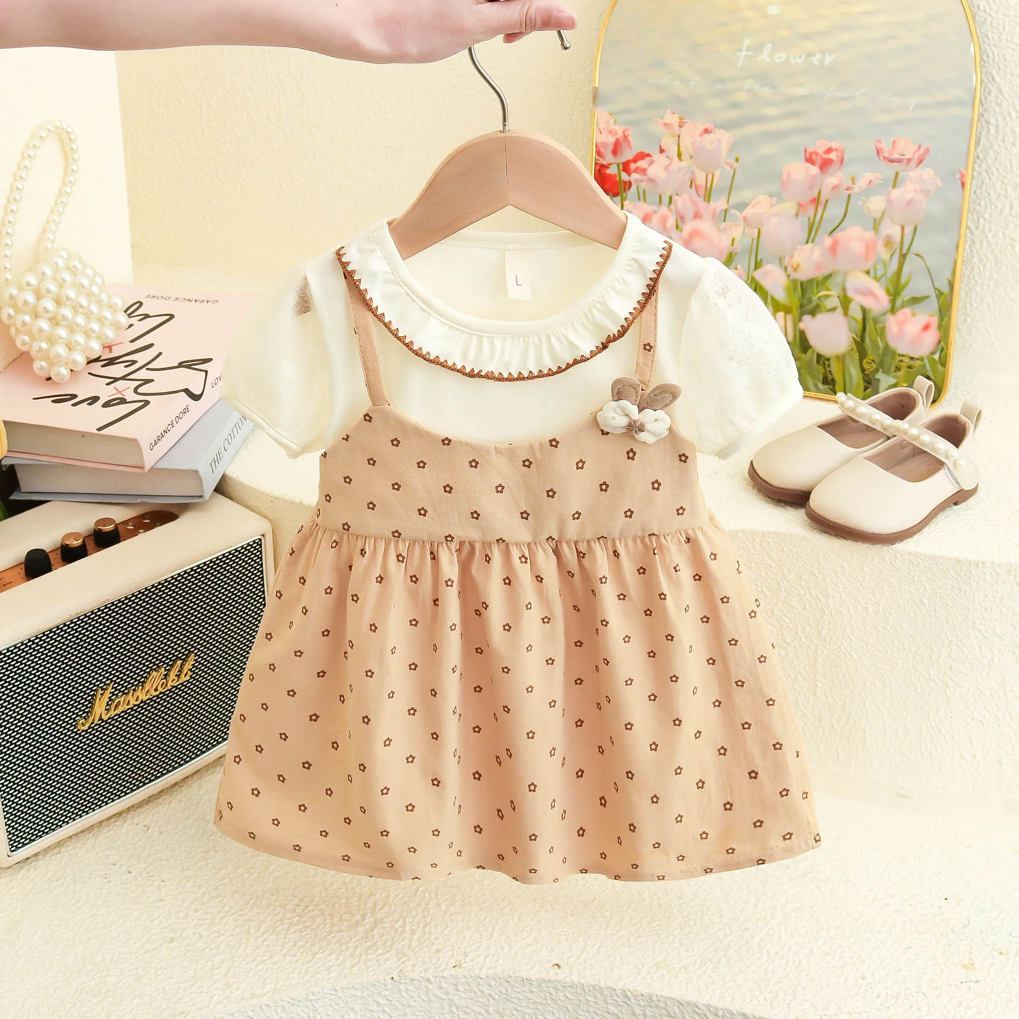 

Flower Polka Dot Printed Cotton Dress For Baby Girl Lace Short Sleeved Dress For Kids Summer Clothes