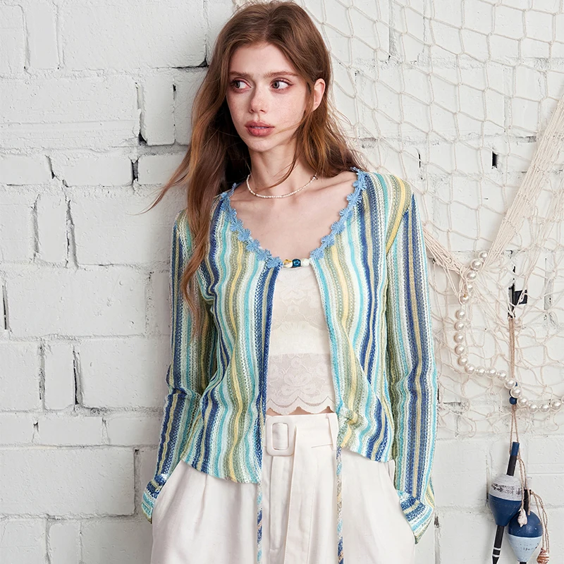 ELFSACK Striped Crochet Knit Crop Top, V-Neck Drawstring Long Sleeve Blouse