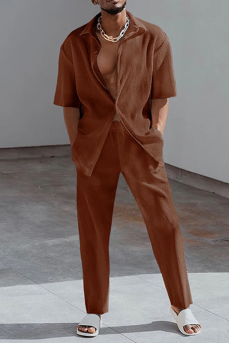 Summer Fashion Print Two Piece Set Men Lapel Button Short Sleeve Shirt And Straight Pants Suit Men Casual Oversized Clothes