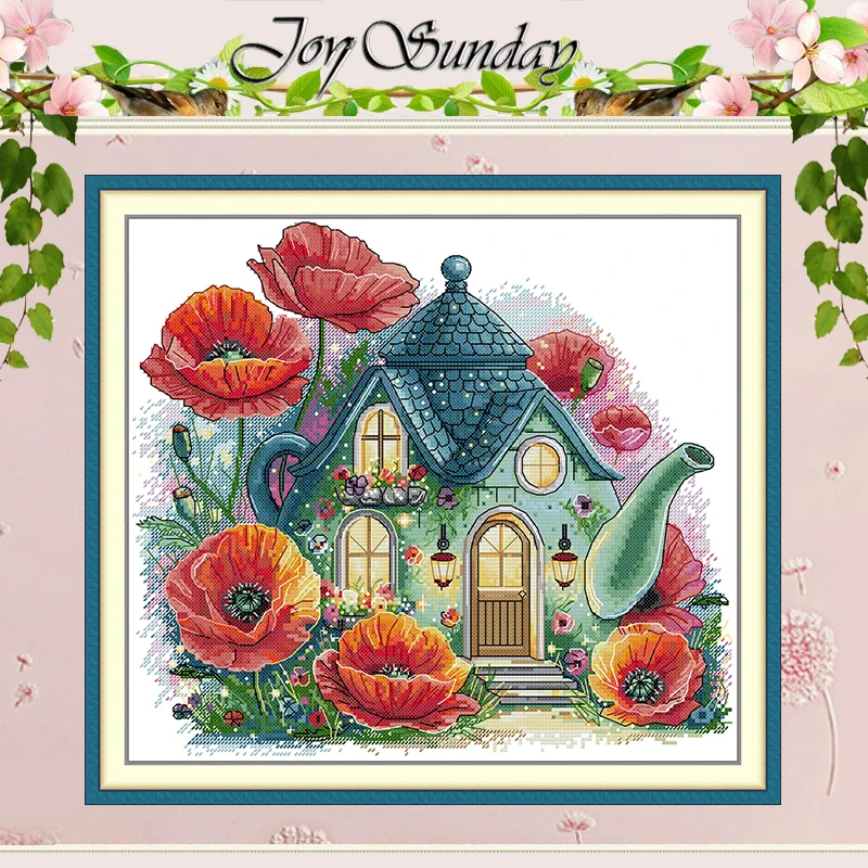 

The Flower Teapot Cottage Patterns Counted Cross Stitch Set 11CT 14CT 16CT HD Stamped DMC Cross-stitch Kit Embroidery Needlework