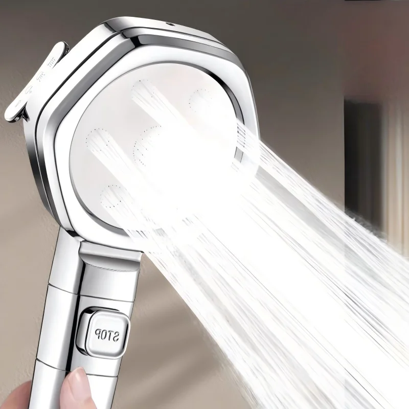 Silver Straight Handle High Pressure Shower Head Set, Negative Ion Rainfall Spray Anti-Clog Water Saving Shower Nozzle, Both SKU