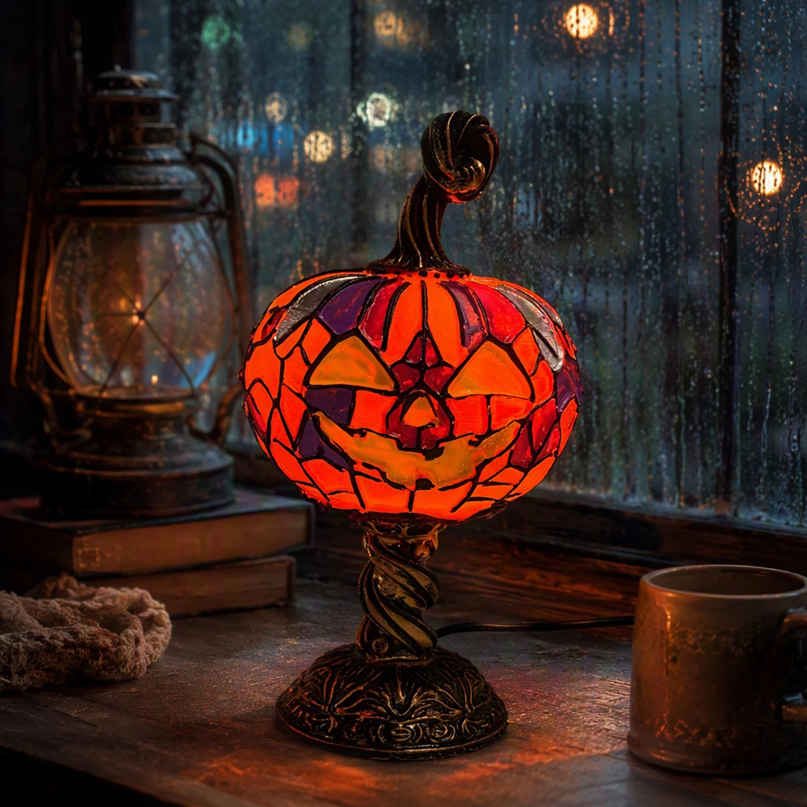 Halloween Decorative Lamp Multi-Purpose Stained Glass Halloween Pumpkin Table Lamp Fade Resist Pumpkin Table Lamp for Home Decor