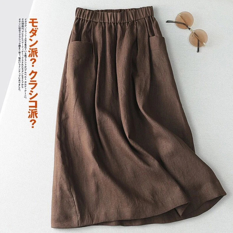 Cotton Linen Solid Color High Waist Half-Body Skirt Women's Spring and Summer Retro Japanese A Word Casual Medium-Length Half-Bo