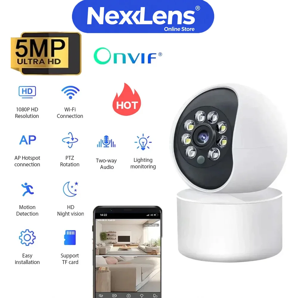 

5MP Dual Lens AI Security Camera - Human Tracking & Full-Color Night Vision, WiFi Indoor Pet/Baby Monitor with ONVIF