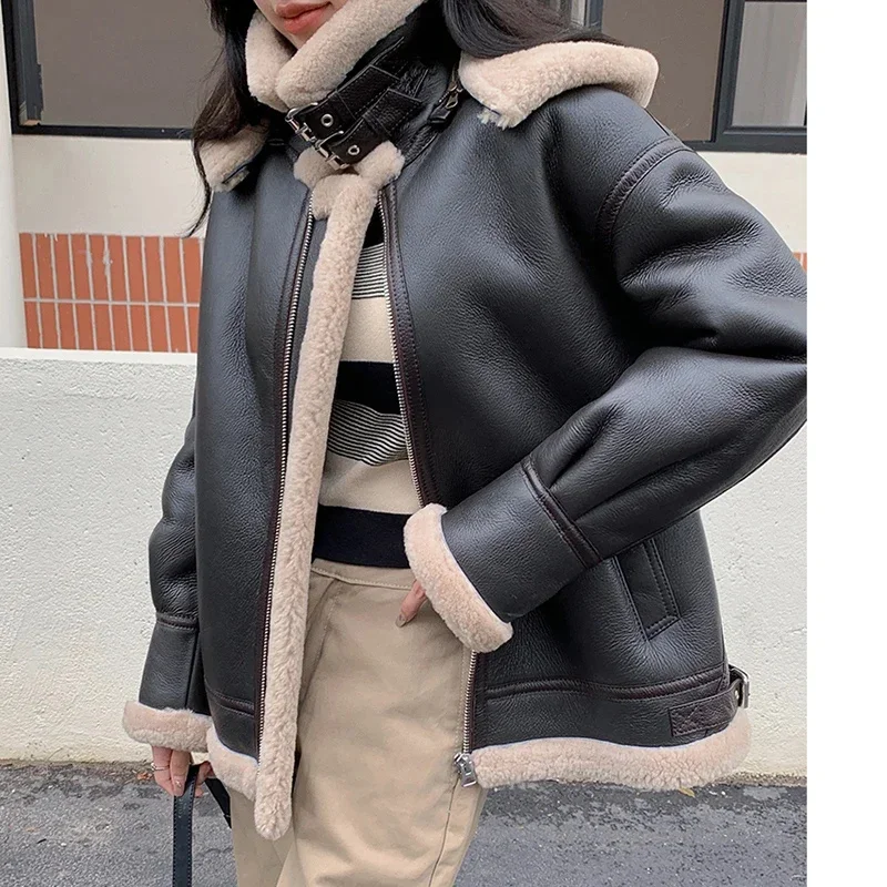 

Real Hooded Fur Coat Women Thickened Warm Luxury Merino Sheep Winter Lambswool Locomotive Jacket Female Veste Femme