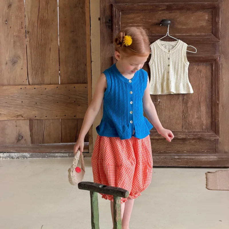 26 Spring Summer Girls Children Kid Clothes Vest Round-neck Short Sleeveless Top Hollow Knit Shirt Cotton 2-12 Years Outfit