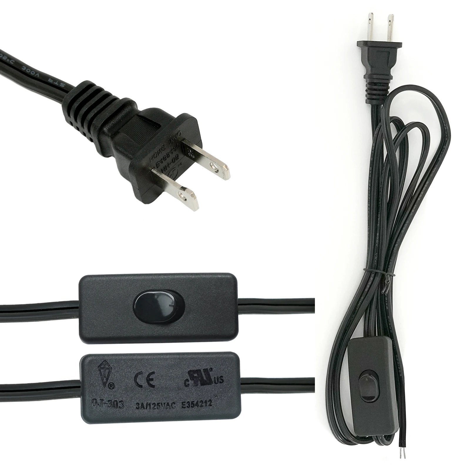 1.8m 303 Power Cord AC Switch Plug Wire 2pin AU UK EU US Plug Cable Extension Cords Black Line Lighting Accessories For LED Lamp