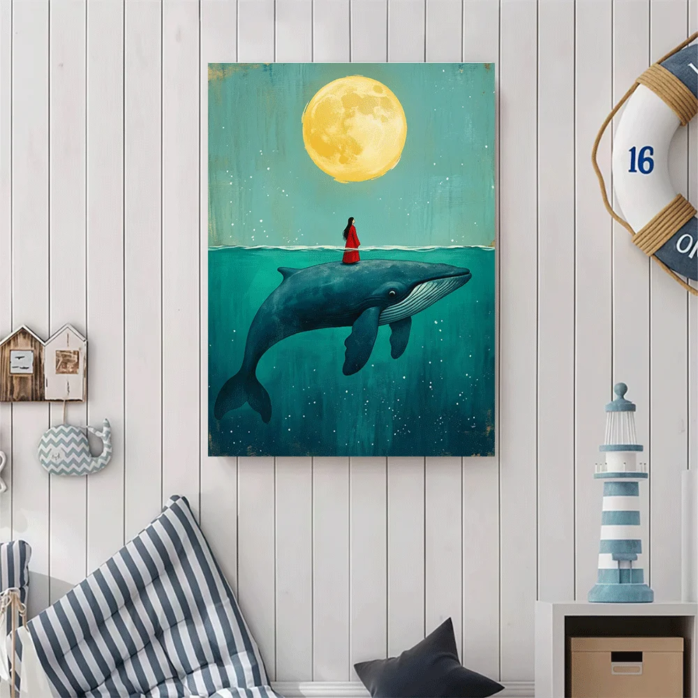 1PC-Unframed Canvas poster wall decoration  Woman in Red Dress Standing on Whale Under Full Moon Ocean Art Print