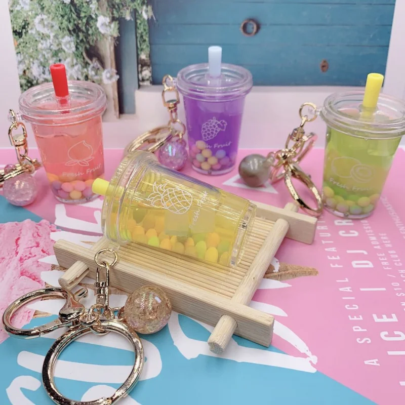 Hot simulation food oil quicksand liquid pendant mini bubble tea floating keychain